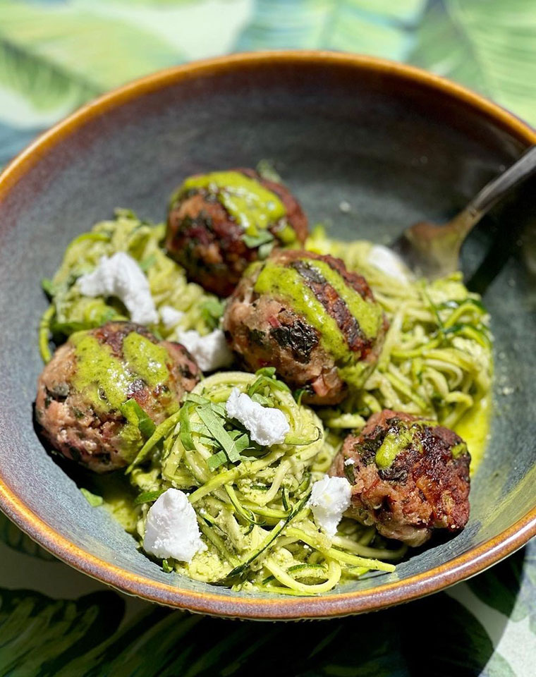 personal chef service dish of organic turkey meatballs and zucchini noodles