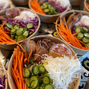 Lemongrass Chicken Vermicelli Bowl with Mint, Cabbage, Pickled Carrots, Cucumber, Peanuts and Nuoc Cham